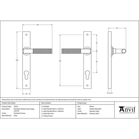 This is an image showing From The Anvil - Polished Chrome Brompton Slimline Lever Espag. Lock Set available from trade door handles, quick delivery and discounted prices