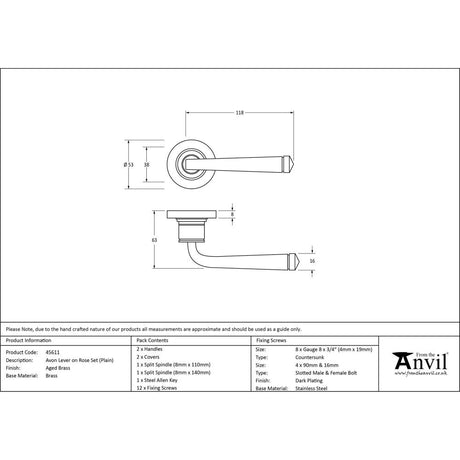 This is an image showing From The Anvil - Aged Brass Avon Round Lever on Rose Set (Plain) available from trade door handles, quick delivery and discounted prices