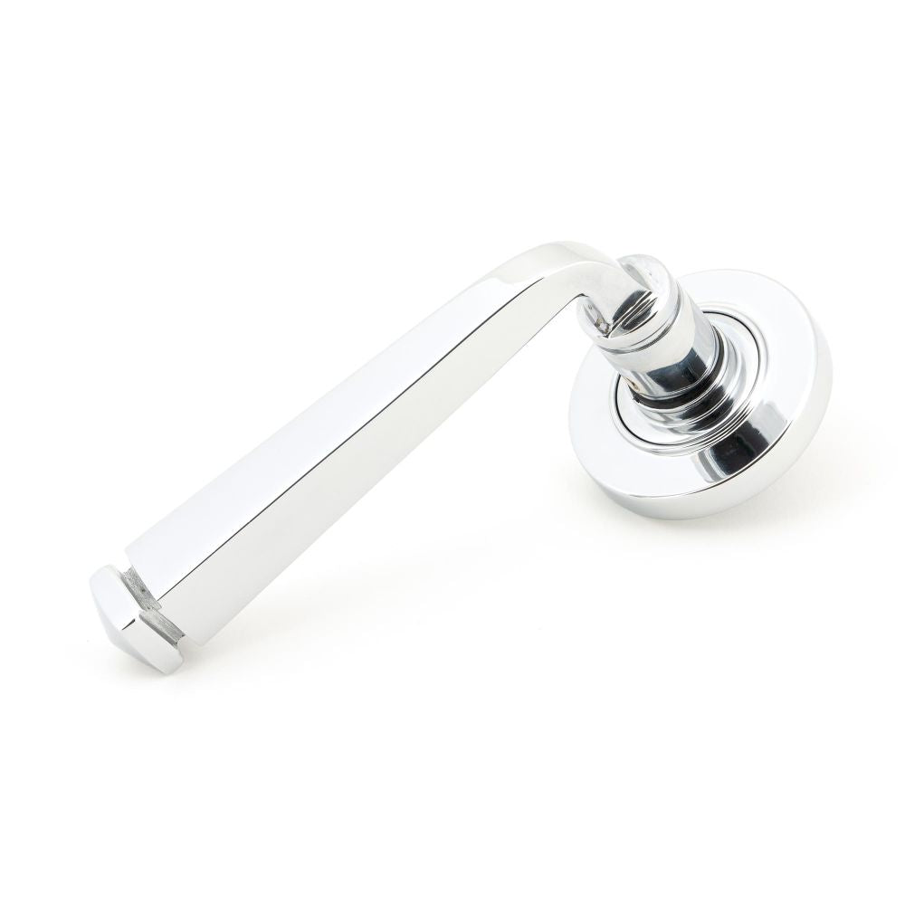 This is an image showing From The Anvil - Polished Chrome Avon Round Lever on Rose Set (Plain) available from trade door handles, quick delivery and discounted prices