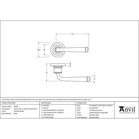 This is an image showing From The Anvil - Polished Nickel Avon Round Lever on Rose Set (Art Deco) available from trade door handles, quick delivery and discounted prices