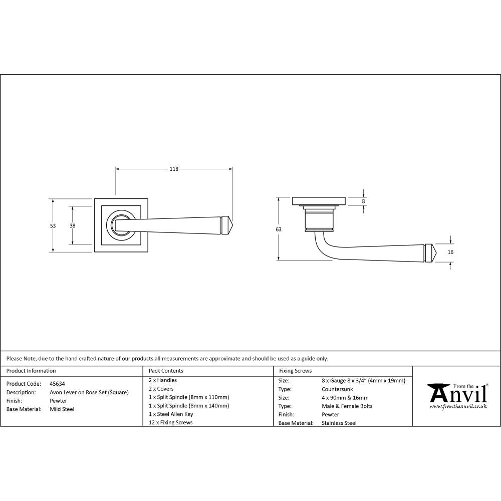 This is an image showing From The Anvil - Pewter Avon Round Lever on Rose Set (Square) available from trade door handles, quick delivery and discounted prices