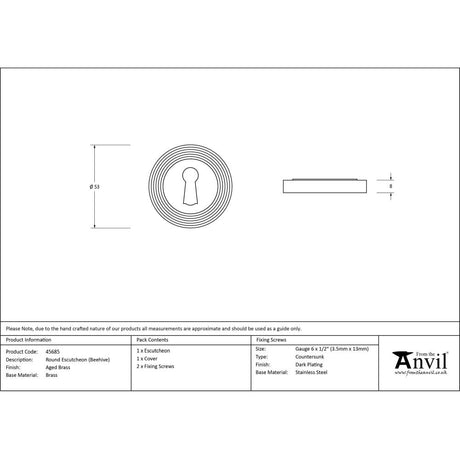 This is an image showing From The Anvil - Aged Brass Round Escutcheon (Beehive) available from trade door handles, quick delivery and discounted prices