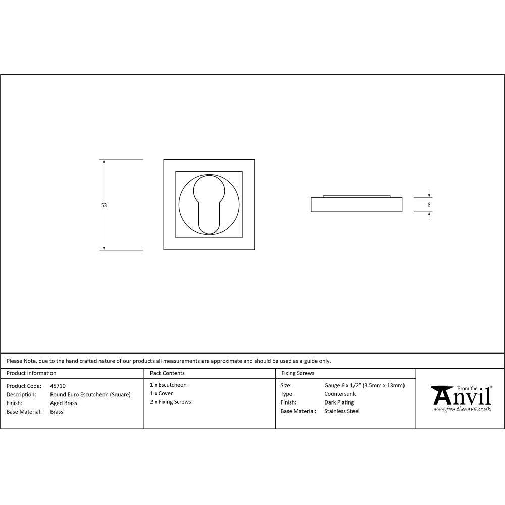 This is an image showing From The Anvil - Aged Brass Round Euro Escutcheon (Square) available from trade door handles, quick delivery and discounted prices