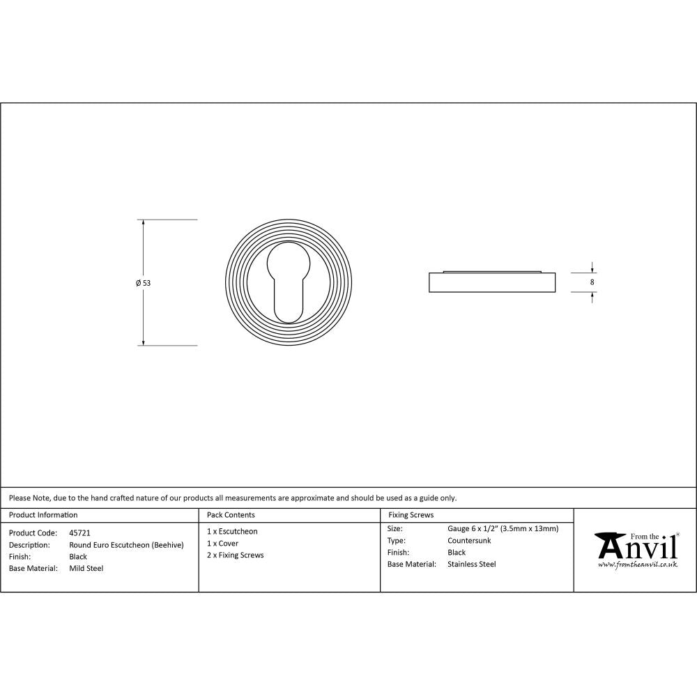 This is an image showing From The Anvil - Black Round Euro Escutcheon (Beehive) available from trade door handles, quick delivery and discounted prices