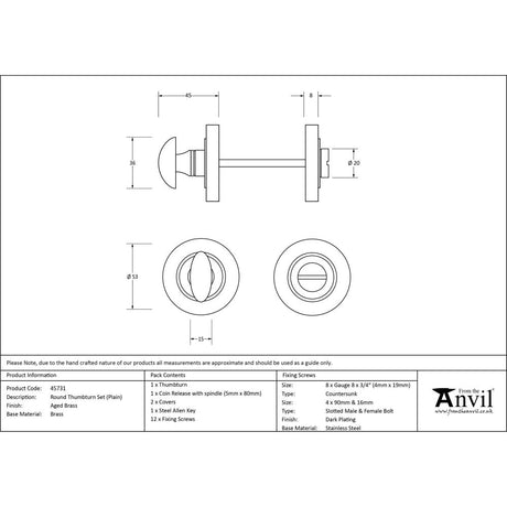 This is an image showing From The Anvil - Aged Brass Round Thumbturn Set (Plain) available from trade door handles, quick delivery and discounted prices