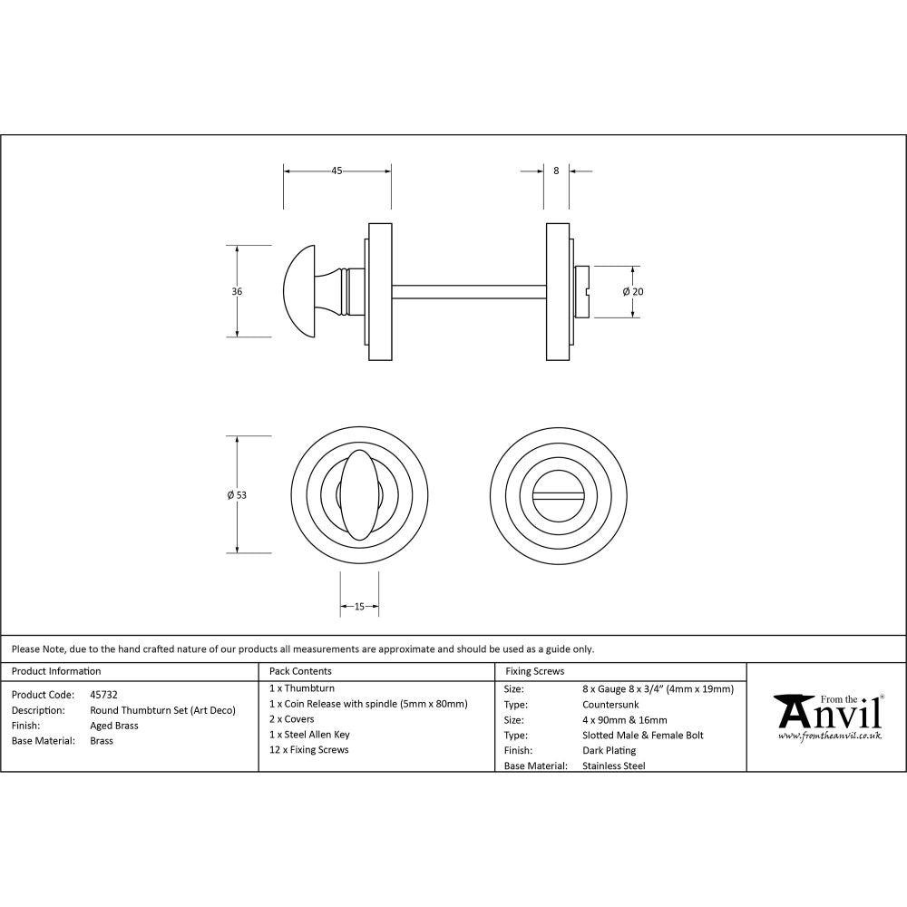 This is an image showing From The Anvil - Aged Brass Round Thumbturn Set (Art Deco) available from trade door handles, quick delivery and discounted prices