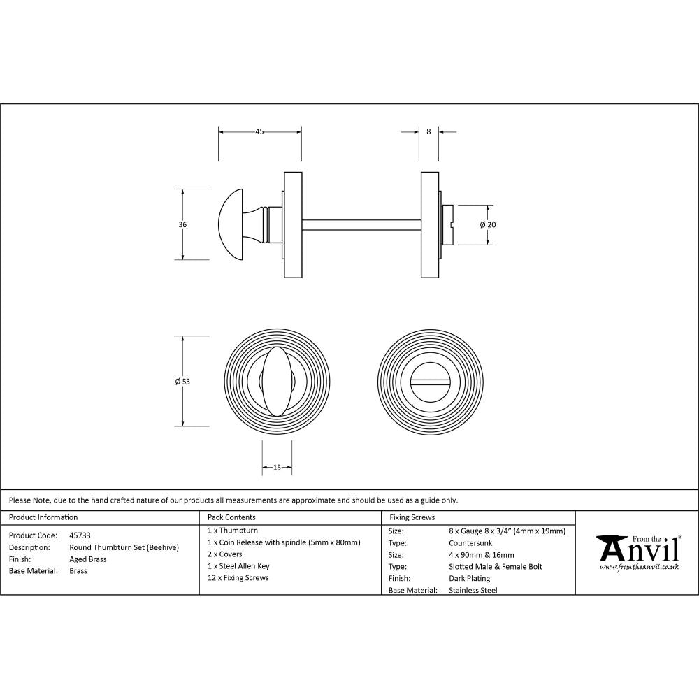 This is an image showing From The Anvil - Aged Brass Round Thumbturn Set (Beehive) available from trade door handles, quick delivery and discounted prices