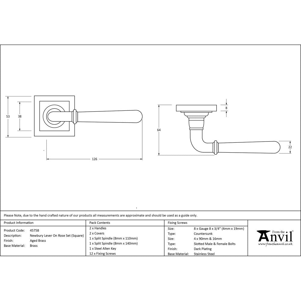 This is an image showing From The Anvil - Aged Brass Newbury Lever on Rose Set (Square) available from trade door handles, quick delivery and discounted prices