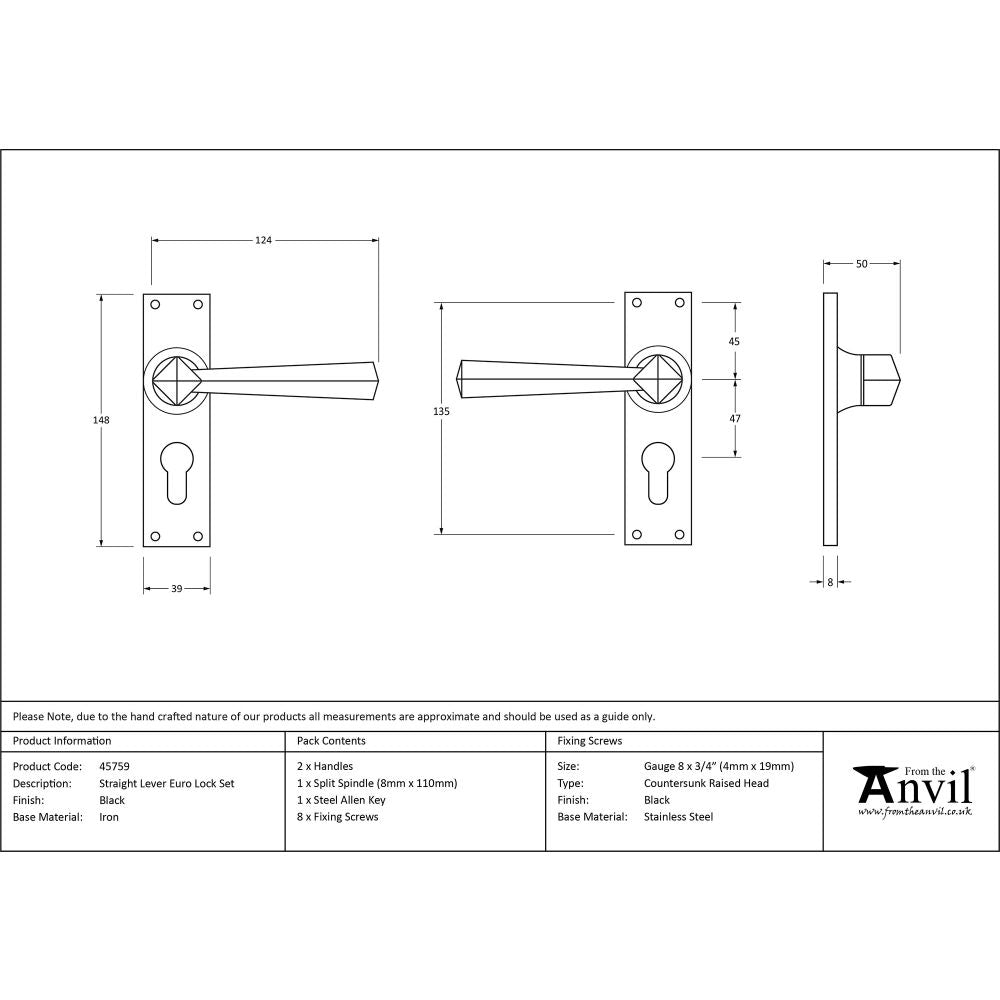 This is an image showing From The Anvil - Black Straight Lever Euro Lock Set available from trade door handles, quick delivery and discounted prices