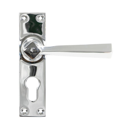 This is an image showing From The Anvil - Polished Chrome Straight Lever Euro Lock Set available from trade door handles, quick delivery and discounted prices