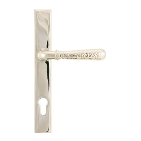 This is an image showing From The Anvil - Polished Nickel Hammered Newbury Slimline Espag. Lock Set available from trade door handles, quick delivery and discounted prices