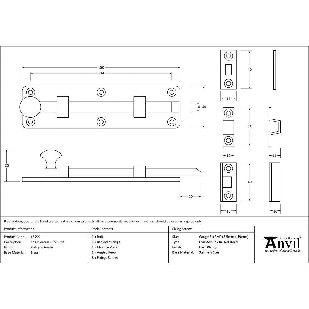 This is an image showing From The Anvil - Antique Pewter 6" Universal Bolt available from trade door handles, quick delivery and discounted prices