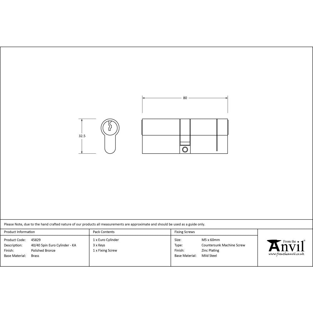 This is an image showing From The Anvil - Polished Bronze 40/40 5pin Euro Cylinder KA available from trade door handles, quick delivery and discounted prices