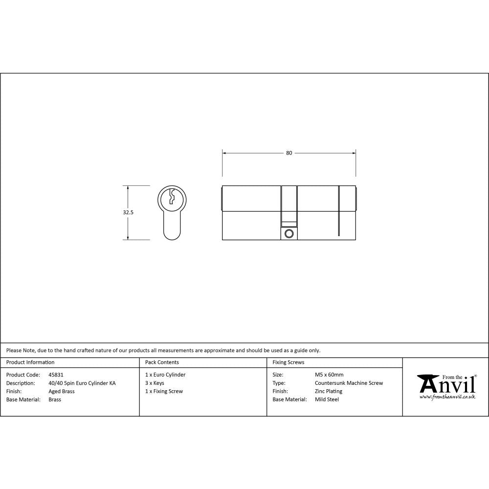 This is an image showing From The Anvil - Aged Brass 40/40 5pin Euro Cylinder KA available from trade door handles, quick delivery and discounted prices