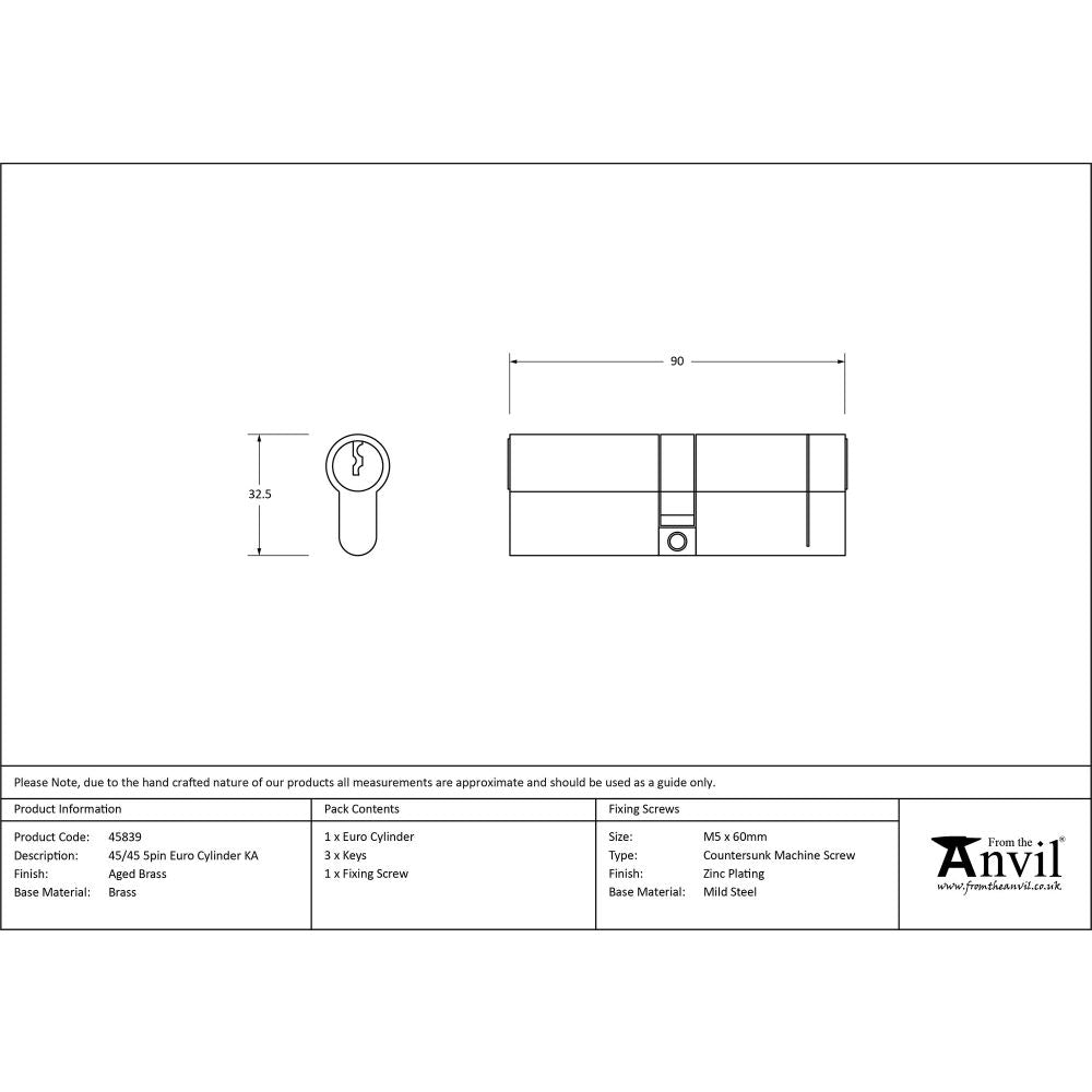 This is an image showing From The Anvil - Aged Brass 45/45 5pin Euro Cylinder KA available from trade door handles, quick delivery and discounted prices