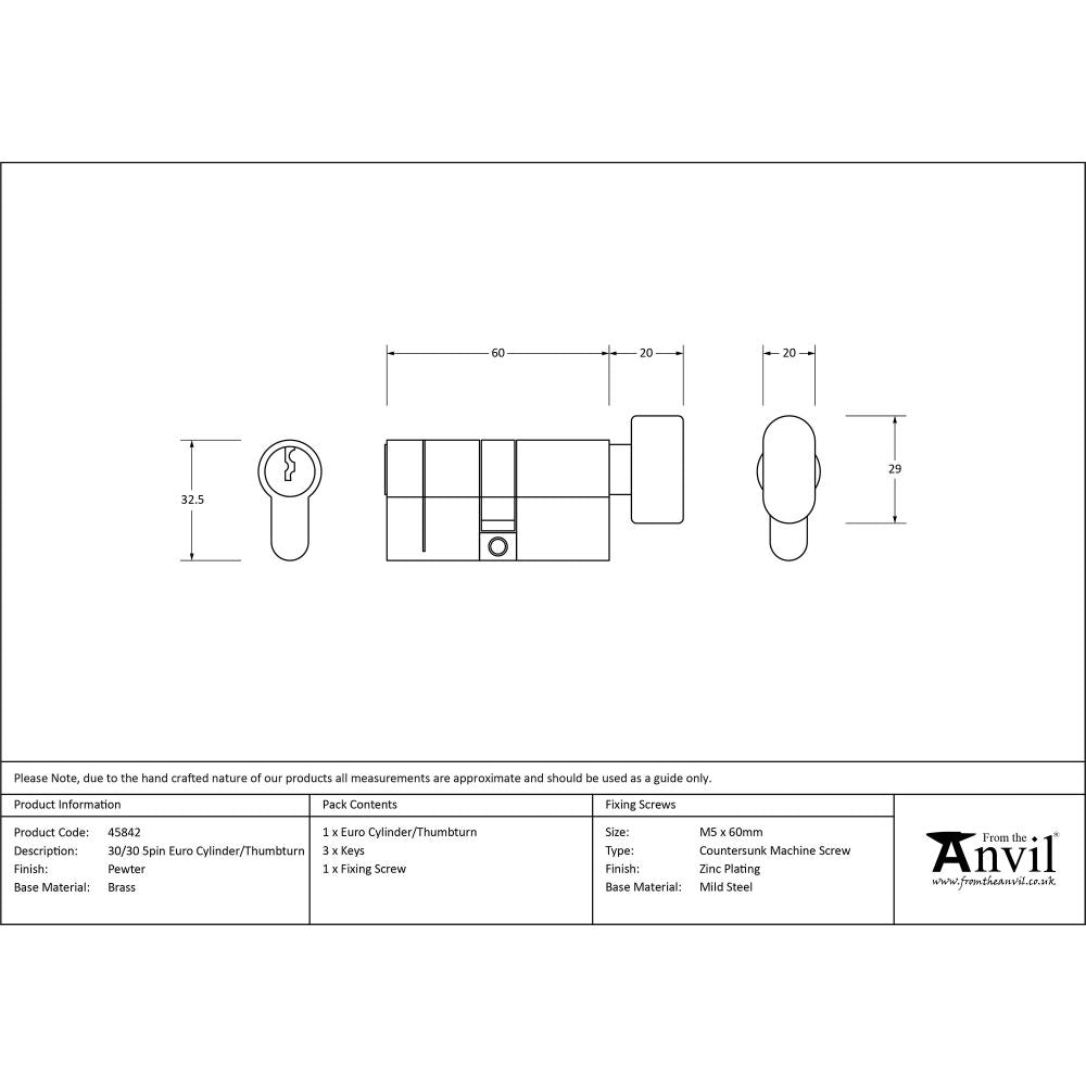 This is an image showing From The Anvil - Pewter 30/30 5pin Euro Cylinder/Thumbturn available from trade door handles, quick delivery and discounted prices