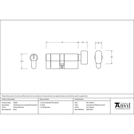 This is an image showing From The Anvil - Polished Bronze 35/35 5pin Euro Cylinder/Thumbturn available from trade door handles, quick delivery and discounted prices