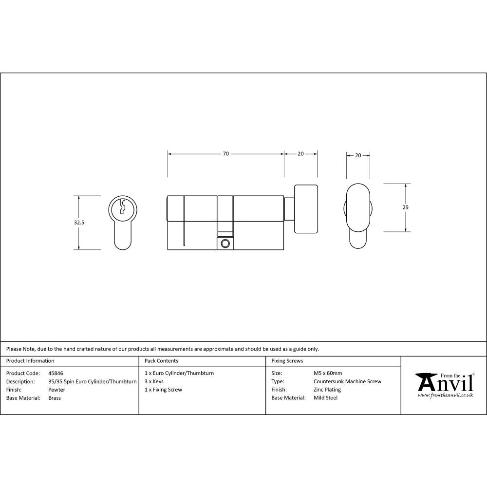 This is an image showing From The Anvil - Pewter 35/35 5pin Euro Cylinder/Thumbturn available from trade door handles, quick delivery and discounted prices