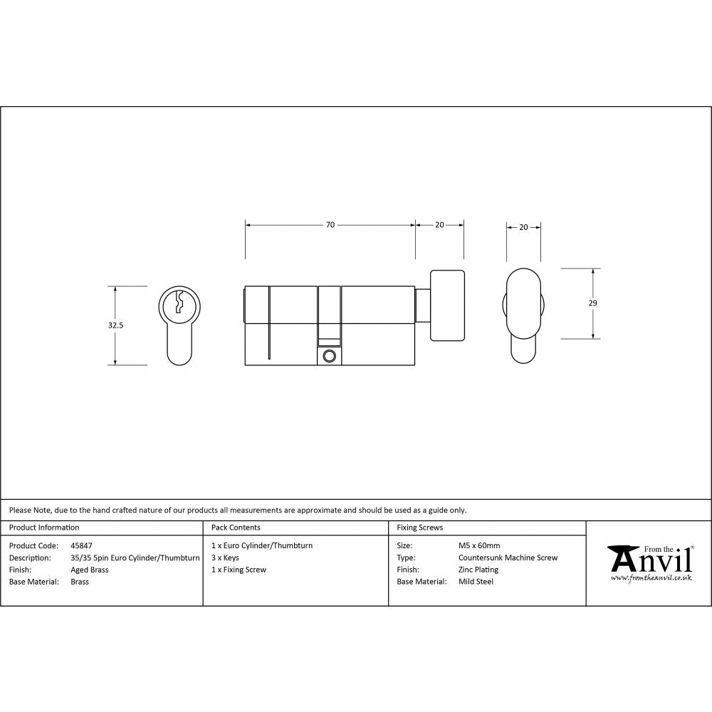 This is an image showing From The Anvil - Aged Brass 35/35 5pin Euro Cylinder/Thumbturn available from trade door handles, quick delivery and discounted prices