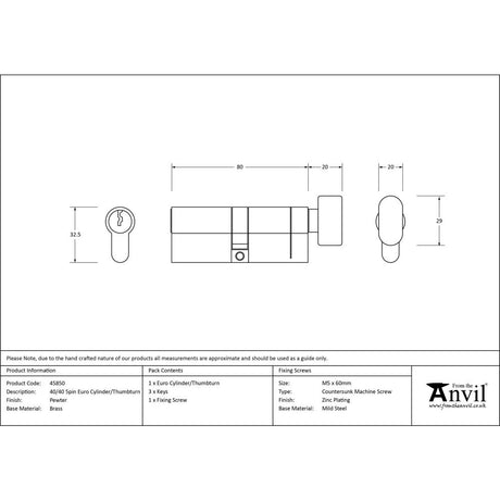 This is an image showing From The Anvil - Pewter 40/40 5pin Euro Cylinder/Thumbturn available from trade door handles, quick delivery and discounted prices