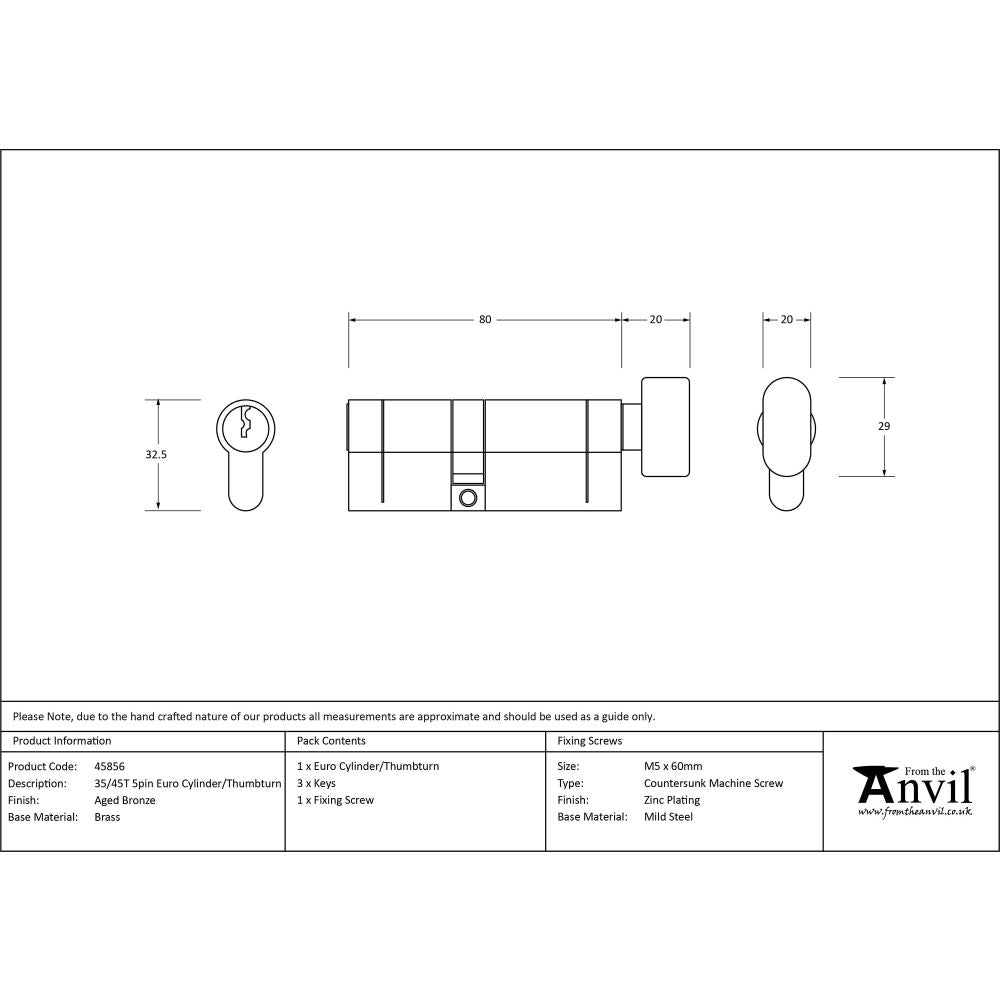 This is an image showing From The Anvil - Aged Bronze 35/45T 5pin Euro Cylinder/Thumbturn available from trade door handles, quick delivery and discounted prices