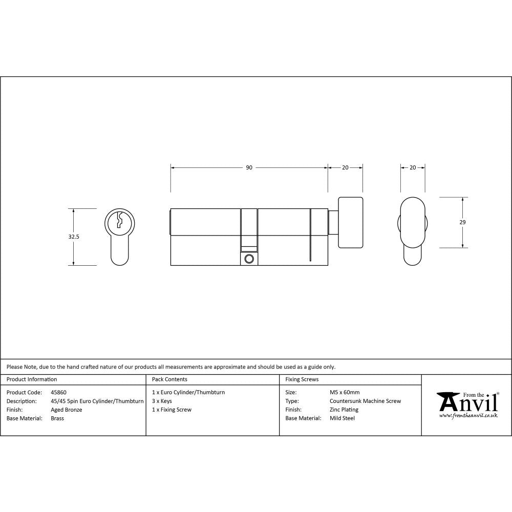 This is an image showing From The Anvil - Aged Bronze 45/45 5pin Euro Cylinder/Thumbturn available from trade door handles, quick delivery and discounted prices