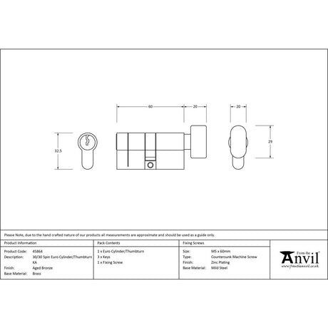 This is an image showing From The Anvil - Aged Bronze 30/30 5pin Euro Cylinder/Thumbturn KA available from trade door handles, quick delivery and discounted prices