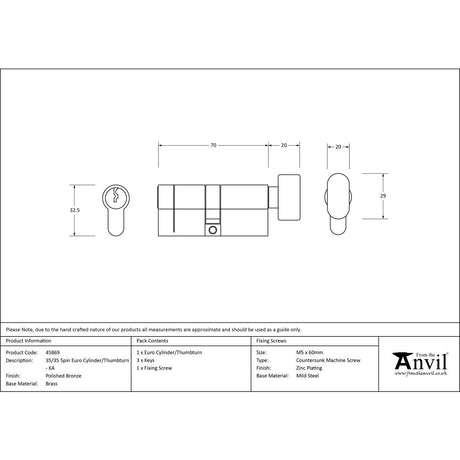 This is an image showing From The Anvil - Polished Bronze 35/35 5pin Euro Cylinder/Thumbturn KA available from trade door handles, quick delivery and discounted prices