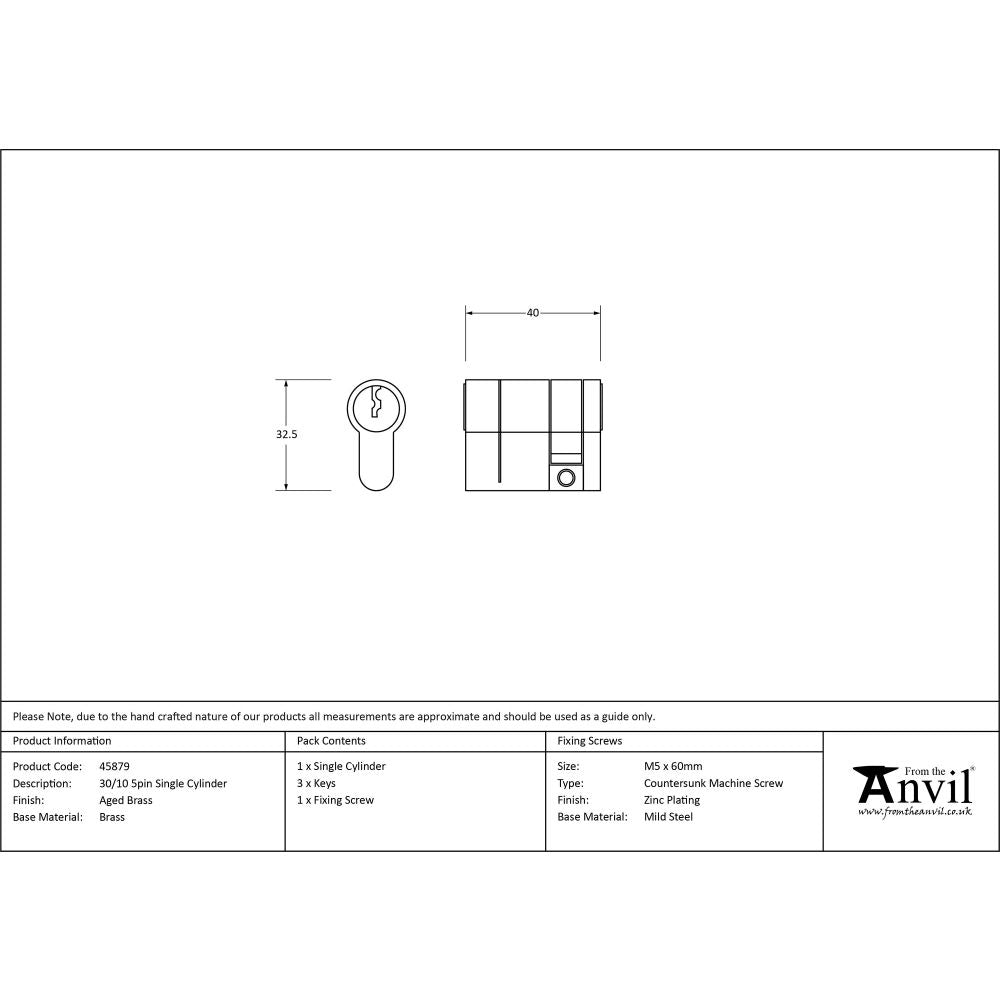 This is an image showing From The Anvil - Aged Brass 30/10 5pin Single Cylinder available from trade door handles, quick delivery and discounted prices