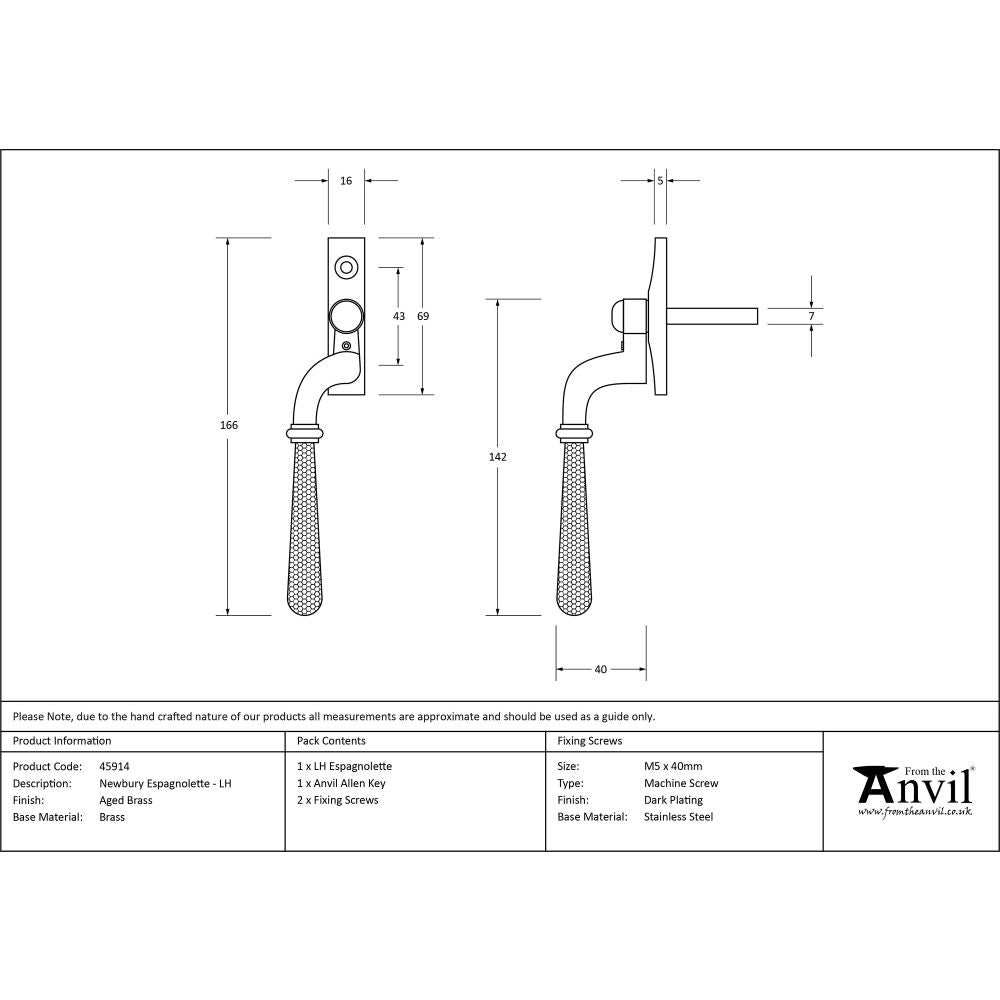 This is an image showing From The Anvil - Aged Brass Hammered Newbury Espag - LH available from trade door handles, quick delivery and discounted prices