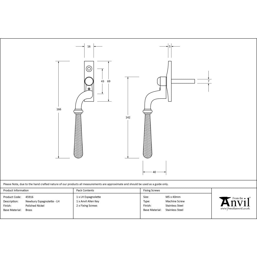 This is an image showing From The Anvil - Polished Nickel Hammered Newbury Espag - LH available from trade door handles, quick delivery and discounted prices