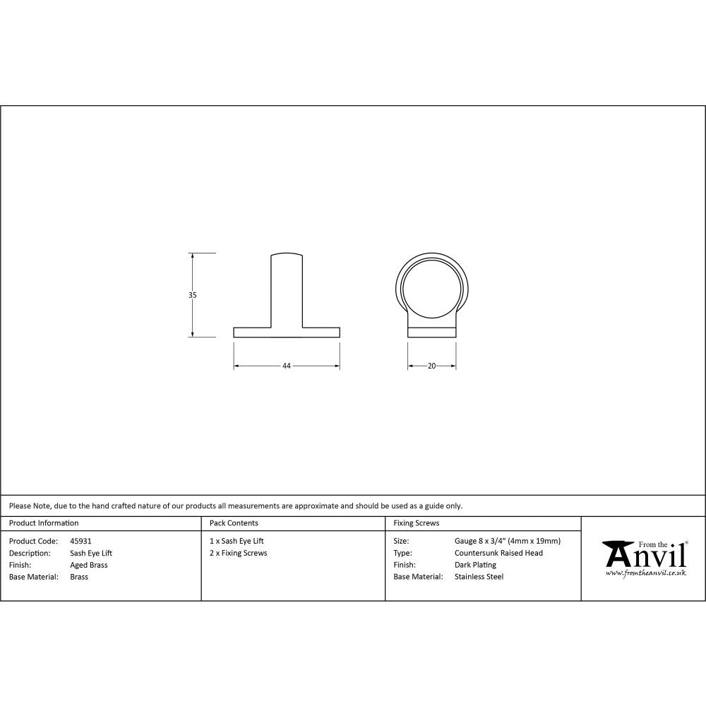 This is an image showing From The Anvil - Aged Brass Sash Eye Lift available from trade door handles, quick delivery and discounted prices