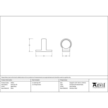 This is an image showing From The Anvil - Aged Brass Sash Eye Lift available from trade door handles, quick delivery and discounted prices