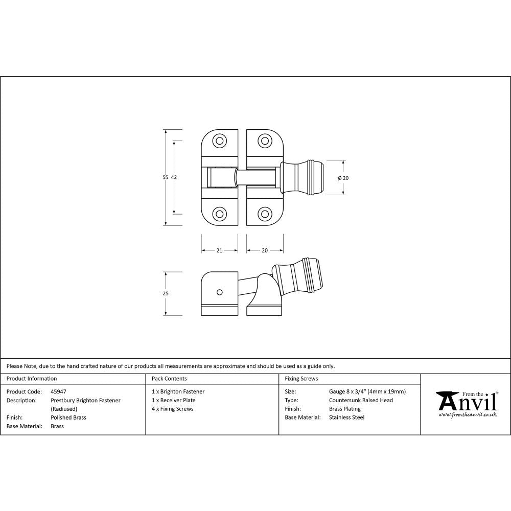 This is an image showing From The Anvil - Polished Brass Prestbury Brighton Fastener (Radiused) available from trade door handles, quick delivery and discounted prices