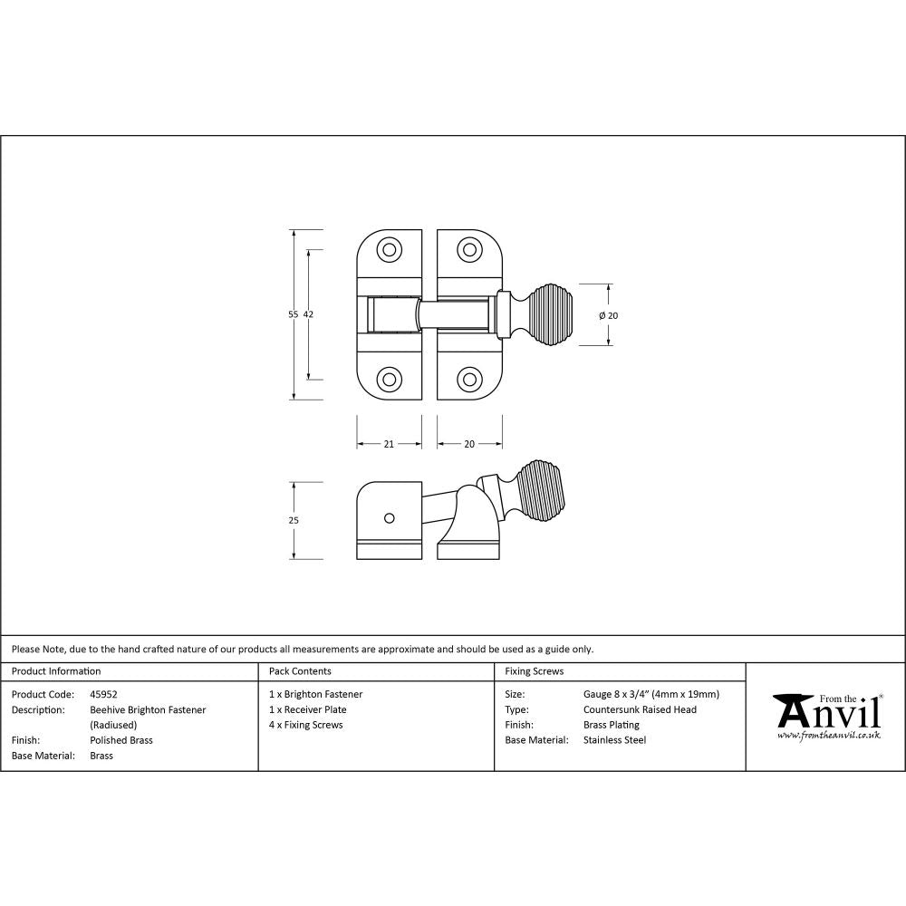 This is an image showing From The Anvil - Polished Brass Beehive Brighton Fastener (Radiused) available from trade door handles, quick delivery and discounted prices