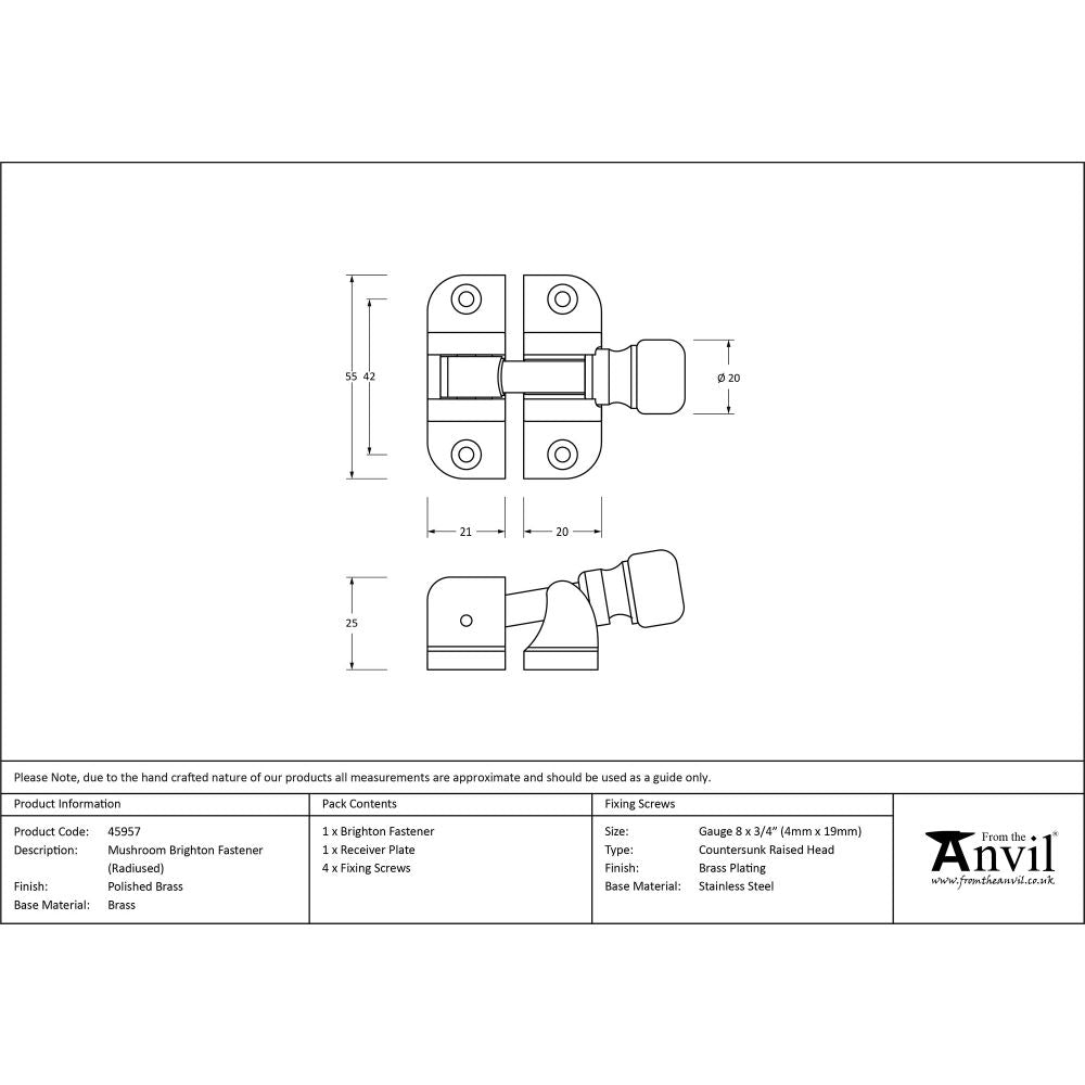 This is an image showing From The Anvil - Polished Brass Mushroom Brighton Fastener (Radiused) available from trade door handles, quick delivery and discounted prices