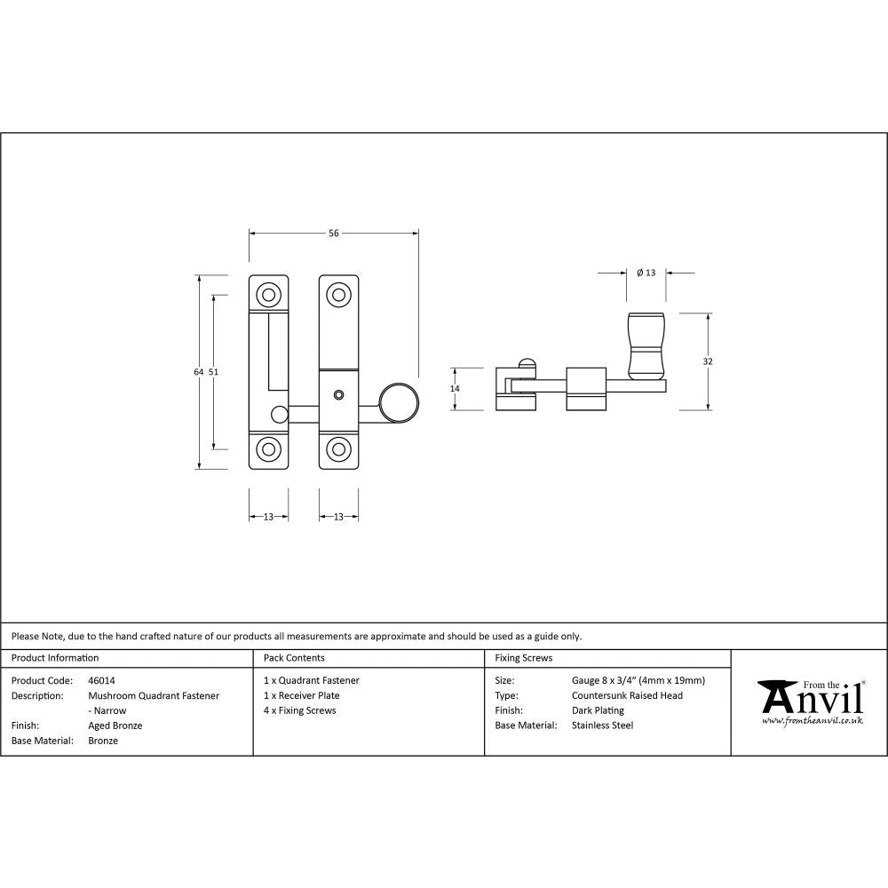 This is an image showing From The Anvil - Aged Bronze Mushroom Quadrant Fastener - Narrow available from trade door handles, quick delivery and discounted prices