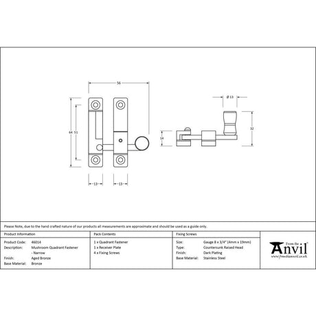 This is an image showing From The Anvil - Aged Bronze Mushroom Quadrant Fastener - Narrow available from trade door handles, quick delivery and discounted prices