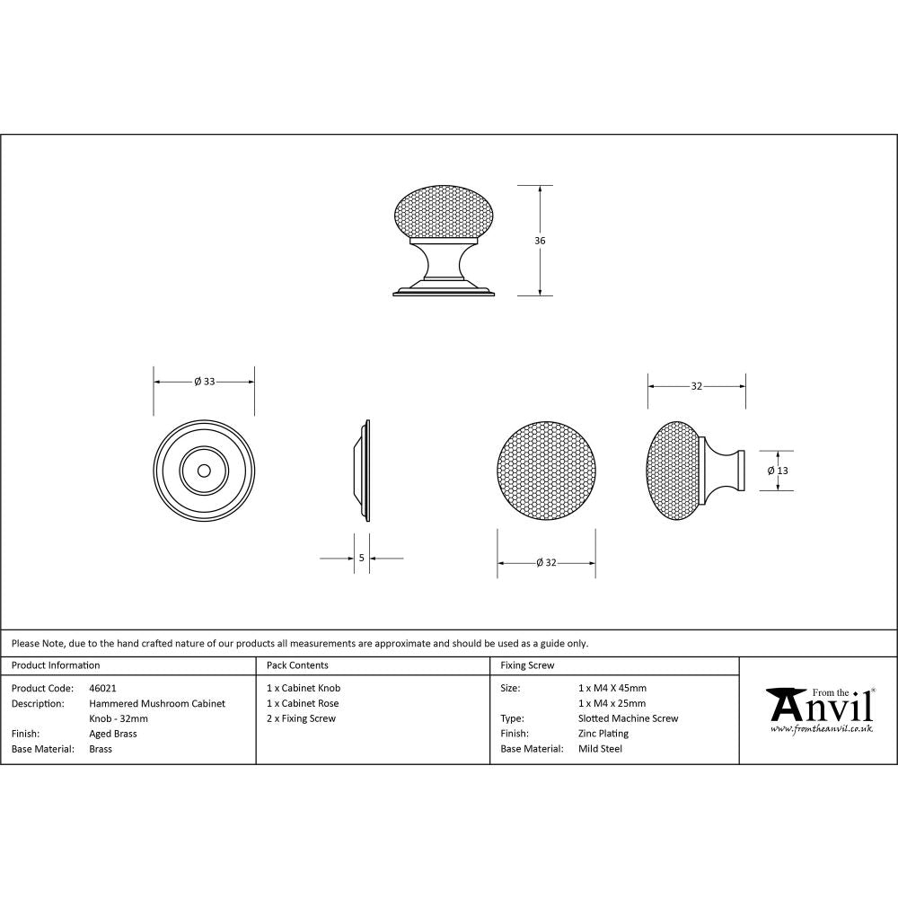 This is an image showing From The Anvil - Aged Brass Hammered Mushroom Cabinet Knob 32mm available from trade door handles, quick delivery and discounted prices