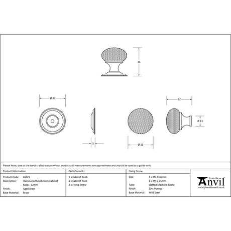 This is an image showing From The Anvil - Aged Brass Hammered Mushroom Cabinet Knob 32mm available from trade door handles, quick delivery and discounted prices