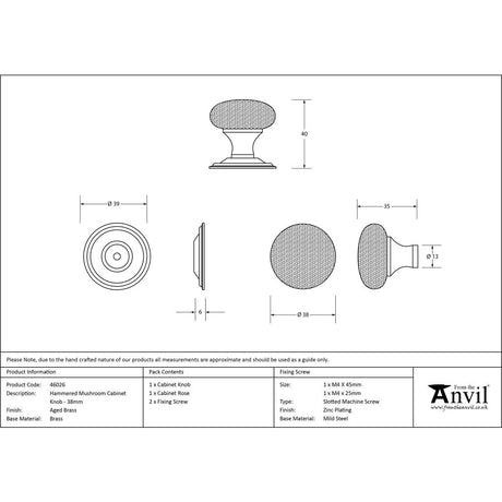 This is an image showing From The Anvil - Aged Brass Hammered Mushroom Cabinet Knob 38mm available from trade door handles, quick delivery and discounted prices