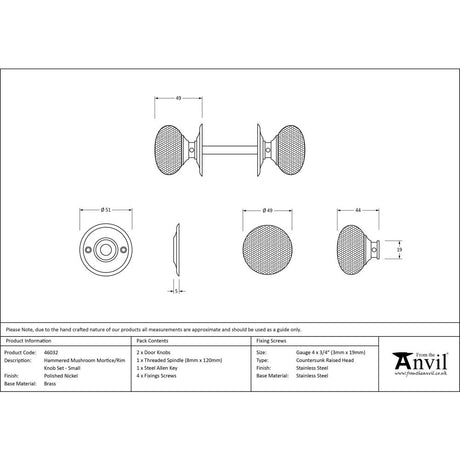 This is an image showing From The Anvil - Polished Nickel Hammered Mushroom Mortice/Rim Knob Set available from trade door handles, quick delivery and discounted prices