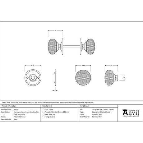 This is an image showing From The Anvil - Polished Chrome Hammered Mushroom Mortice/Rim Knob Set available from trade door handles, quick delivery and discounted prices