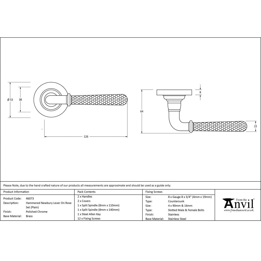 This is an image showing From The Anvil - Pol. Chrome Hammered Newbury Lever on Rose Set (Plain) available from trade door handles, quick delivery and discounted prices