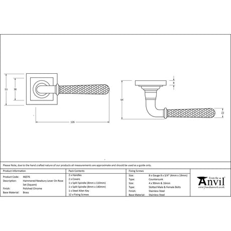 This is an image showing From The Anvil - Pol. Chrome Hammered Newbury Lever on Rose Set (Square) available from trade door handles, quick delivery and discounted prices