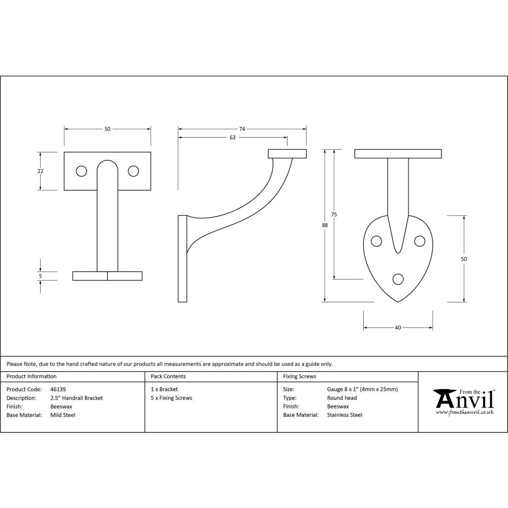 This is an image showing From The Anvil - Beeswax 2.5" Handrail Bracket available from trade door handles, quick delivery and discounted prices