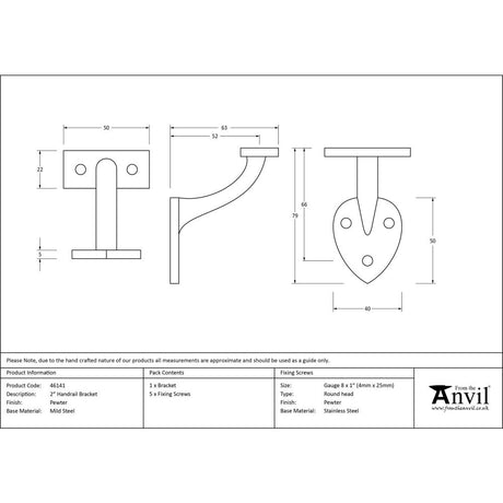 This is an image showing From The Anvil - Pewter 2" Handrail Bracket available from trade door handles, quick delivery and discounted prices