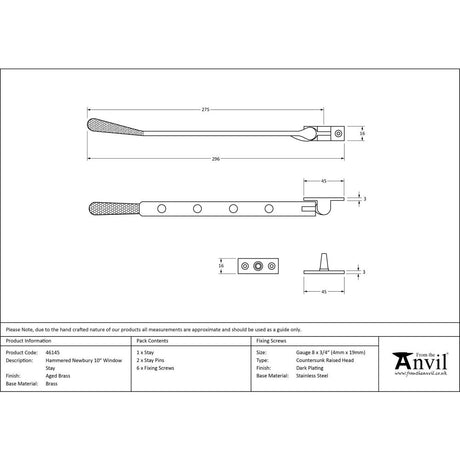 This is an image showing From The Anvil - Aged Brass 10" Hammered Newbury Stay available from trade door handles, quick delivery and discounted prices