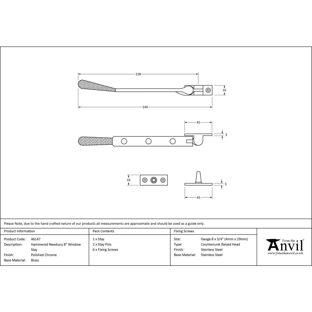 This is an image showing From The Anvil - Polished Chrome 8" Hammered Newbury Stay available from trade door handles, quick delivery and discounted prices