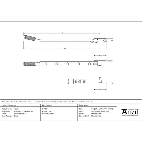 This is an image showing From The Anvil - Polished Nickel 12" Brompton Stay available from trade door handles, quick delivery and discounted prices